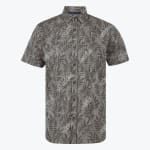 A mens short sleeved button down shirt in a muted grey brown color with an all over dark grey tropical leaf pattern displayed against a plain white background