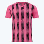 A short-sleeved pink athletic jersey with vertical black stripes made of thin lines and chevron patterns, displayed against a plain white background.