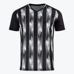 A black and white short-sleeved athletic jersey with vertical stripes featuring a gradient chevron pattern, solid black sleeves, and a V-neck collar, displayed against a white background.