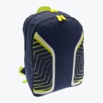A navy blue backpack with neon green geometric patterns and yellow zipper pulls, isolated on a white background.