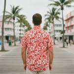 Rear view of a man in a red and white floral Hawaiian shirt standing on a boardwalk lined with palm trees and pastel Art Deco buildings.