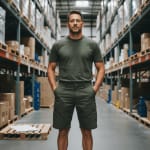 A man wearing a green t-shirt and cargo shorts stands with hands in his pockets in a warehouse aisle lined with tall shelves of boxes.