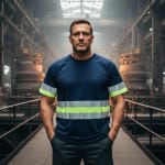A man in a navy blue high-visibility t-shirt with reflective stripes stands with hands in pockets on a factory walkway.