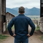 Rear view of a man in a dark blue long-sleeve shirt and jeans standing on a dirt path between rustic wooden barns, looking towards distant mountains.