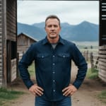 A middle-aged man in a dark blue button-down shirt stands with hands on hips in front of a rustic barn with mountains in the background.