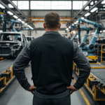 Rear view of a factory worker in a dark grey uniform standing with hands on hips in the middle of an automotive assembly line with robotic arms and car chassis in the background.