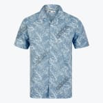 Front view of an Addos light blue short sleeve button down shirt with a white tropical leaf print and a camp collar on a white background