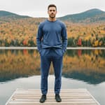 A man wearing a blue matching tracksuit stands on a wooden dock with a scenic background of a lake and colorful autumn forest.