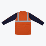 The back of a high-visibility long-sleeve shirt with an orange body, navy blue sleeves, and H-pattern silver reflective stripes.