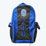 A royal blue and black backpack with the Zeta Phi Beta shield and vertical Greek letters ZΦB embroidered on the front.
