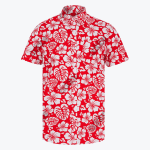 A short-sleeved red button-down shirt with a white tropical print of hibiscus flowers and monstera leaves, displayed against a plain white background.