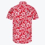 Back view of a red short-sleeved Hawaiian shirt featuring a white tropical print of hibiscus flowers and monstera leaves.