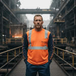 A middle-aged male factory worker in a high-visibility orange and blue long-sleeve shirt stands on a metal walkway inside a steel mill with a glowing furnace in the background.