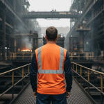 Back view of a worker in a high-visibility orange safety shirt standing on a metal walkway inside a smoky industrial factory with machinery and a glowing furnace in the background.