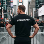 Back view of a muscular security guard in a black t-shirt with 'SECURITY' written on it, standing with hands on hips in a crowded city square.
