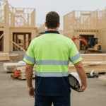 Rear view of a construction worker wearing a high-visibility yellow and navy blue polo shirt with reflective stripes, holding a white hard hat at a construction site.
