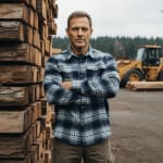 A middle-aged man in a blue plaid flannel shirt stands with arms crossed next to a stack of wooden logs at a lumber yard, with a yellow tractor in the background.