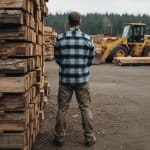 Back view of a man in a plaid shirt standing in a lumber yard next to large stacks of wooden logs, with a yellow tractor in the background.