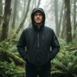 A man in a black hooded outdoor jacket stands in a lush, foggy forest surrounded by ferns and tall trees.