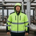 A man wearing a neon yellow and black high-visibility safety jacket with reflective stripes and a hood, standing in front of industrial pipes.