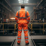 Back view of a worker in an orange high-visibility safety jumpsuit with reflective stripes standing on a metal platform inside a large industrial factory.