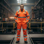 A middle-aged male industrial worker in bright orange high-visibility overalls standing confidently with hands in his pockets inside a large factory.