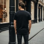Rear view of a man in a black t-shirt with white shoulder stripes and dark jeans standing on a city sidewalk next to a black pillar.