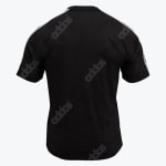 Back view of a black Addos t-shirt featuring a subtle diagonal repeating logo pattern and white three-stripes on the sleeves.
