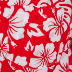 Close-up of a red shirt pocket with a white hibiscus floral print and subtle grey Addos logos.