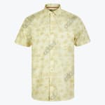 A light yellow short-sleeve button-up shirt with a subtle beige hibiscus floral pattern and a chest pocket, displayed flat against a white background.