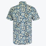 Back view of a blue short-sleeved shirt with a cream-colored floral pattern.