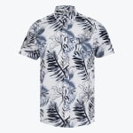 A mens short-sleeve white button-up shirt with a blue tropical palm leaf and floral pattern, featuring a chest pocket and collar.