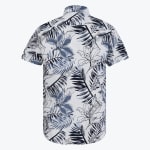 Back view of a white short-sleeve button-up shirt featuring a navy blue and grey tropical floral and palm leaf print.