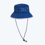 A royal blue bucket hat with the Greek letters Phi Beta Sigma embroidered on the front, featuring a white brim trim and an adjustable drawstring.