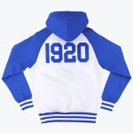Back view of a blue and white varsity hoodie with the year 1920 in large blue numbers on the back.