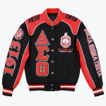A black and red Delta Sigma Theta Sorority varsity jacket with Greek letters ΔΓΘ, the sorority crest, and the founding year 1913 on a white background.