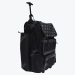 A black rolling sports bag with a telescoping handle, featuring a star-patterned top flap and multiple zippered pockets on a white background.