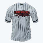 A white baseball jersey with black pinstripes and brand text written across the chest in red and black.