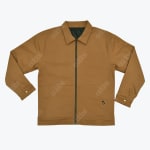 A flat lay view of a brown canvas work jacket with a front zipper, a chest pocket, and snap-button cuffs on a white background.