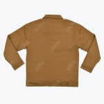The back view of a brown canvas work jacket with a collar and adjustable waist tabs on a white background.