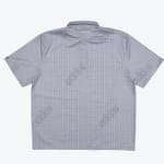The back of a light gray short-sleeve collared shirt with a white geometric pattern and faint diagonal watermarks, displayed against a plain white background.