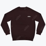 A dark brown crewneck sweatshirt with a small white brand logo on the left chest and faint diagonal patterns of the same logo across the body and sleeves, displayed against a white background.