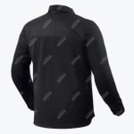 Back view of a black long-sleeve collared shirt with a back yoke seam, displayed on a white background.
