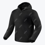 A black technical pullover hoodie with a structured hood and thumb loops on the cuffs, displayed against a plain white background.