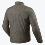 Back view of a structured olive green jacket with a subtle repeating Addos logo pattern printed diagonally across the fabric.