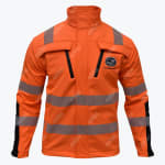 A front view of a bright orange high-visibility safety jacket with reflective silver stripes and a CS Bahndienste GmbH logo on the chest, set against a plain white background.