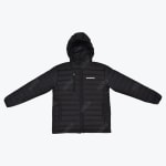 A black quilted puffer jacket with an attached hood, featuring a full-front zipper closure, a vertical zippered pocket on the right chest, and the brand name PRAGMATIC printed in white on the left chest. The jacket is displayed flat with sleeves extended against a solid white background.