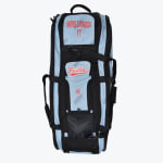 A light blue and black Addos sports gear bag personalized with HARRIS ZARAGOZA 17 and the Hustlers team logo.