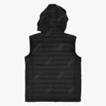 Back view of a black sleeveless puffer vest with a hood, featuring horizontal quilted stitching, displayed on a white background.