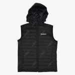 A black hooded puffer vest with a front zipper and the white text PRAGMATIC on the left chest, set against a solid white background.